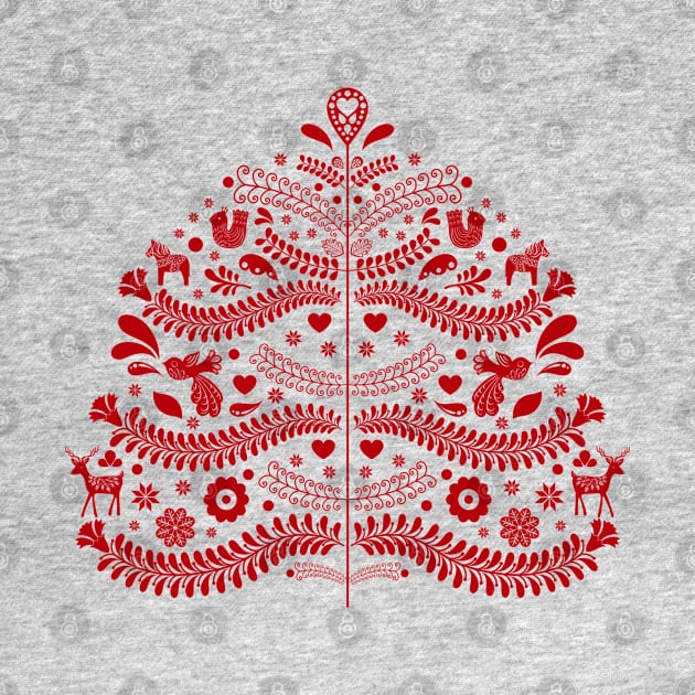 Red Scandinavian Folk Art Style Christmas Tree Design by Gsallicat